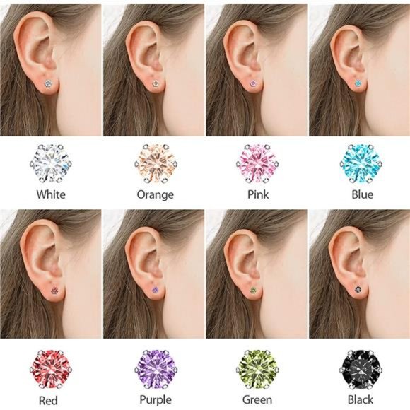 6 Pair Multi Colored Stainless Steel Earrings Set Hypoallergenic Cubic Zirconia - Picture 4 of 6